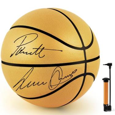 Imagem de Hiboom Memorabilia de autógrafo de basquete dourado tamanho 5 oficial com bomba de ar para prêmios, troféus, banquetes, marcos noturnos, treinadores, amantes de basquete, presente para uso interno e