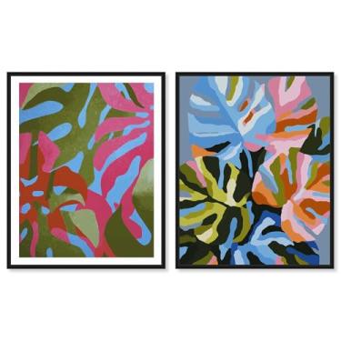 Imagem de Conjunto de 2 arte de parede para sala de estar com estampa de botânicos costeiros azul-petróleo e coral da Art Remedy, moldura preta, 40,6 x 50,8 cm
