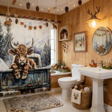 Imagem de Manfei Cortinas de chuveiro Highland Cow, para crianças, caminhão, animal, inverno, floco de neve, decoração de casa de fazenda, cortinas impermeáveis azul-marinho, marrom, 12 ganchos, 182 cm L x 198