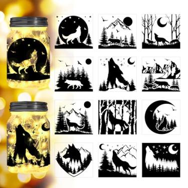 Imagem de 12 peças de papel de silhueta de PVC, decalques de recortes de PVC à prova d'água com padrão de lobo retangular, decoração de iluminação autoadesiva para telefones celulares, scrapbooks, paredes