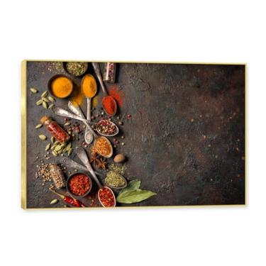 Imagem de NHLDZYH Moldura dourada. Arte de parede em tela de especiarias coloridas e colher de tempero | Decoração de cozinha vintage | Arte moderna para casa e sala de jantar. C34. 50 x 75 cm - 19,7 x 29,6 pol