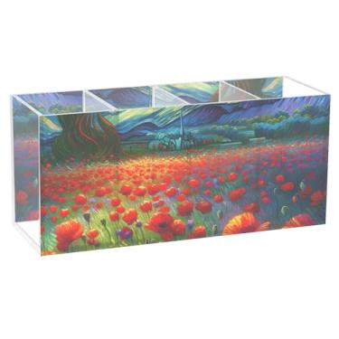 Imagem de TSENQUE Porta-lápis de mesa de acrílico com flores de papoula para noite estrelada, fofo, porta-pincéis, copo de caneta, organizador de escritório para decoração de mesa