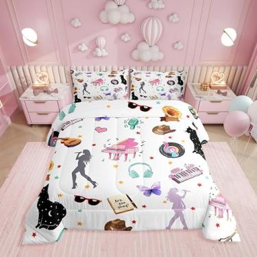 Imagem de Erosebridal Conjunto de cama king branco, moderno, piano, rosa, para fãs de música, borboleta, estrelas, gato, tema de música moderna, edredom com 2 fronhas
