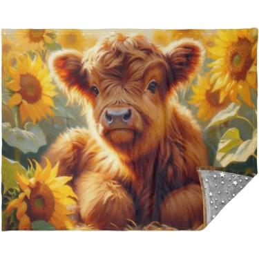 Imagem de Cobertores e mantas de pintura de girassóis de vaca Highland 177.8 cm x 139.7 cm Sherpa Presentes de viagem folha personalizada cobertor macio