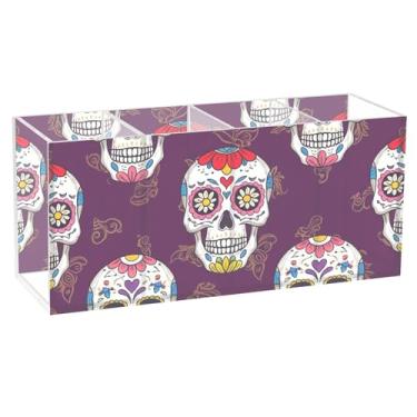Imagem de TSENQUE Porta-canetas de acrílico roxo personalizado com caveiras de flores para canetas, marcadores, artes, porta-copos, armazenamento de escritório, decoração de mesa