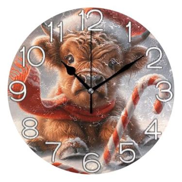 Imagem de GAIGEO Relógio de parede decorativo analógico redondo sem tique-taque silencioso quarto relógio de cozinha, arte de parede moderna legal decoração de casa natal vaca highland fofo, 25 cm, ponteiros