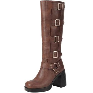 Imagem de Seborluys Botas femininas com fivela até o joelho, bico quadrado, bloco grosso, salto alto, botas de equitação góticas com forro de lã, Marrom, 38