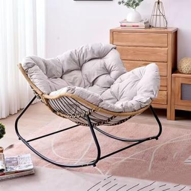 Imagem de Cadeira de balanço moderna com encosto alto, cadeira de balanço moderna com estrutura de metal, poltrona estofada, cadeira lateral confortável para sala de estar, quarto, varanda (tecido de algodão e