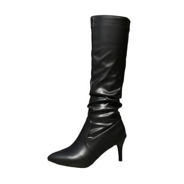 Imagem de Botas de cano alto femininas casuais de inverno com salto fino plissado e despojado, Preto, 39