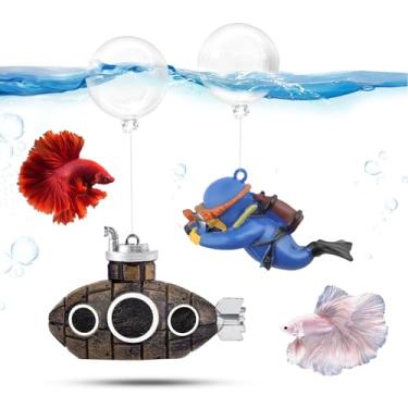 Imagem de CousDUoBe Mini decoração de aquário submarino flutuante de 5,3 cm, lindo conjunto de submarinos retrô e mergulhador flutuante, acessórios para aquário de peixes betta resinosos