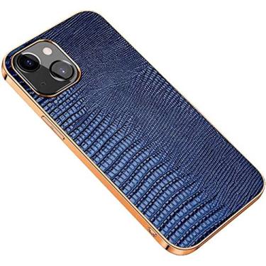 Imagem de ANZOAT Capa de couro para Apple iPhone 14 Plus 6,7 polegadas 2022, capa traseira de telefone traseira à prova de choque com moldura dourada de lagarto [proteção de tela e câmera] (cor: azul)