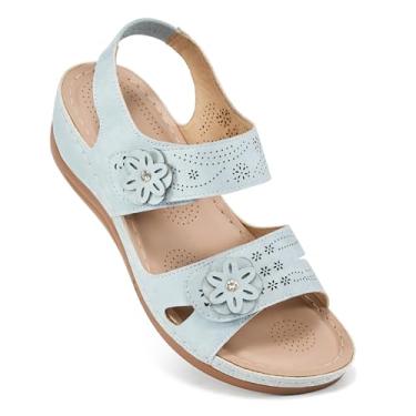 Imagem de FUDYNMALC Sandálias para mulheres sapatos ortopédicos: Sandália feminina confortável e elegante cunha anabela de verão - Sandálias de plataforma casuais com laço de gancho ajustável, Azul claro 01, 6