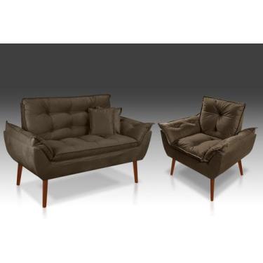 Imagem de Kit 01 Namoradeira + 01 Poltrona Opala + 02 Almofadas Suede  Marrom Es