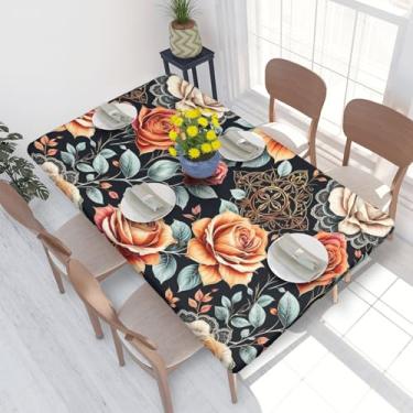 Imagem de BOXIMIAO Toalha de mesa com borda elástica rosas flor vintage retangular impermeável à prova de óleo toalha de mesa lavável reutilizável capa de mesa para jantar na cozinha, 1,2 m