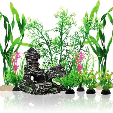 Imagem de VLSQHNCF 9 peças de decoração de plantas de vidro artificial de plástico para aquário, plantas de decoração de tanques de peixes verdes, decoração de aquário de peixes, acessórios para aquário de