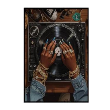 Imagem de Arte de parede em tela de mulher negra: toca-discos vintage com disco de vinil, decoração de parede amante da música para quarto/sala de estar/dormitório, 40,6 x 61 cm sem moldura | Impressões de