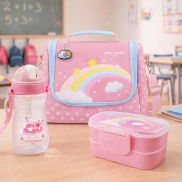 Imagem de Kit Bolsa Térmica Infantil e Marmita Lancheira com Garrafinha Para Merenda, Escola, Piquenique Passeio e Diversão Alegria das Crianças (Rosa Arco-iris)