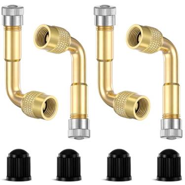 Imagem de 4 peças extensores de haste de válvula 90 graus tampas de extensão de haste de válvula de pneu universal de metal adaptador de extensão para rodas duplas carros de passageiros, trailers, motocicletas