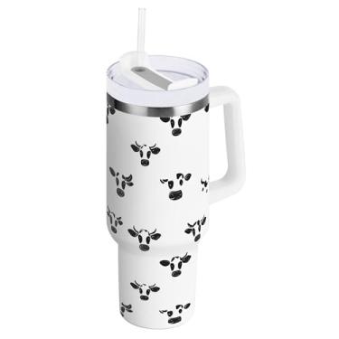 Imagem de SEHANY Copo preto e branco com estampa de vaca de 1,134 g com alça, copo isolado de aço inoxidável a vácuo de parede dupla, à prova de vazamento, copo de viagem isolado cabe no suporte de copo de