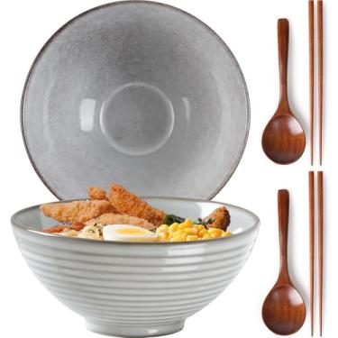 Imagem de NUTRIUPS Conjunto de 2 tigelas de ramen de cerâmica com colheres e pauzinhos, tigelas grandes de sopa de 1,134 g para Udon, Miso, macarrão (cinza pedra clássica)