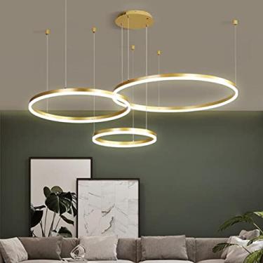 Imagem de Luminária pendente LED de 3 anéis, dimerizável, para sala de estar, mesa de jantar, lustre moderno com controle remoto, em metal alumínio, altura ajustável, para quarto, cozinha e teto, dour