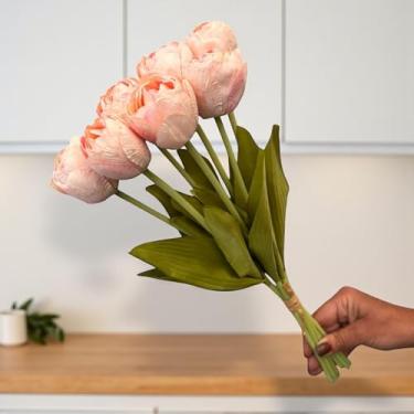 Imagem de Kit 10 Buquês com 7 Tulipas Em Cada Com Folhagens Artificial Para Decoração Arranjos Casamentos (Rosa Claro)