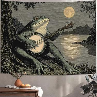 Imagem de Leeisysme Tapeçaria engraçada de sapo, decoração de parede vintage boho com banjo, decoração estética meme para quarto, dormitório, sala de estar, 111,8 x 152,4 cm