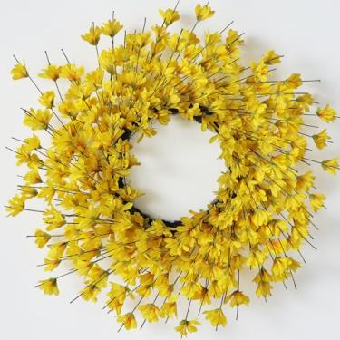 Imagem de Guirlanda de forsítia amarela artificial de 66 cm para porta da frente, grande coroa de forsítia falsa para primavera e verão para lareira, casa de fazenda, parede, janela, casa, decoração ao ar livre
