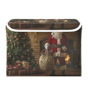 Imagem de SEHANY Linda caixa de armazenamento de Papai Noel de Natal com tampas e alças, organizador de cestas de armazenamento de tecido dobrável, caixas de armazenamento de cubos grandes para roupas, cobertor