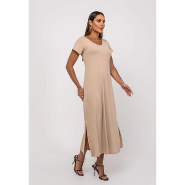 Imagem de Vestido Longo Fenda Canelado Manga Curta Bege Salvatore, M