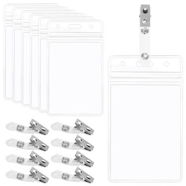 Imagem de Swpeet 50 peças porta-cartões de identificação verticais transparentes de 11,4 x 6,8 cm, plástico PVC, transparente, horizontal, crachá, identidade, com protetor de zíper à prova d'água com clipes de