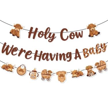 Imagem de Highland Cow Decorações de chá de bebê com vaca sagrada pré-amarrada, faixa e guirlanda para recém-nascidos artigos de festa tema animais de fazenda celebração gravidez