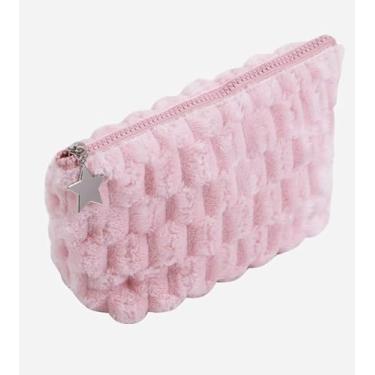 Imagem de Bolsa de maquiagem xadrez de pelúcia organizadora de cosméticos de grande capacidade bolsa de higiene pessoal macia para viagem, rosa, Estojos de cosméticos