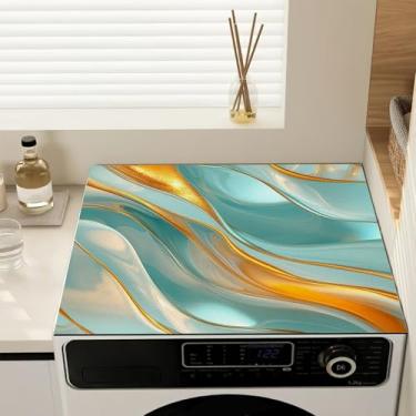 Imagem de Capas de lavadora e secadora tapete protetor de topo antiderrapante capa de máquina de lavar, laranja azul-petróleo abstrato à prova de poeira almofada protetora de secagem rápida para lavadora e
