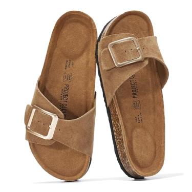 Imagem de Project Cloud Sandálias femininas de couro genuíno elegantes para praia de verão - chinelos e chinelos com palmilha de espuma viscoelástica sandálias femininas confortáveis, Camurça castanha, 37