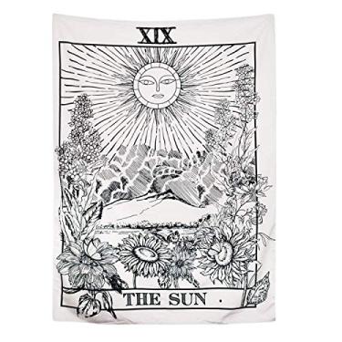 Imagem de Indian Consigners Tapeçaria de cartas de tarô preto e branco The Sun pequenos pôsteres de algodão Europa medieval (100 cm x 75 cm) (O sol B/W)
