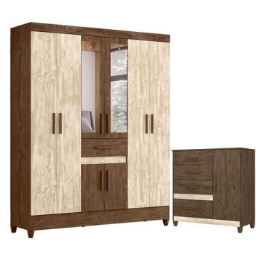 Imagem de Guarda Roupa Casal Portugal com Espelho e Cômoda Vênus com pés Castanh