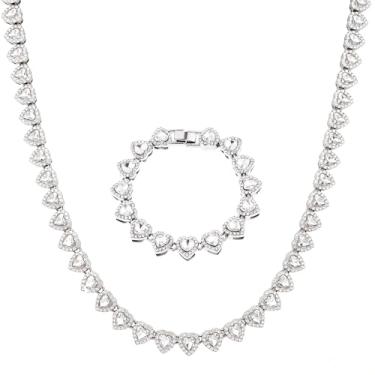 Imagem de fasone Colar de corações de strass, joias de corações gelados, colar de tênis de prata para mulheres, colar de tênis de coração, Universal size, Zinco, Sem Pedra Preciosa