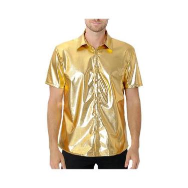 Imagem de Camisa Disco Metálica Brilhante Masculina De Manga Curta Com Botões, F