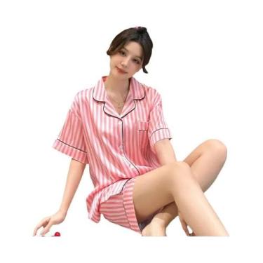 Imagem de Conjunto De Pijamas Femininos Em Cardigan Listrado Rosa, Roupas De Dor