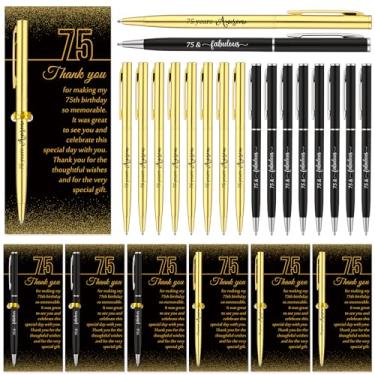 Imagem de Feifeiya 25 conjuntos de lembrancinhas de festa temáticas de 75º aniversário para convidados, incluindo canetas esferográficas de aniversário e cartões de agradecimento em ouro preto para convidados