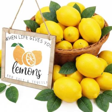 Imagem de Norme 56 peças de centro de mesa de limão artificial, limões amarelos falsos, folhas artificiais de limão e placa de mesa de madeira para festa de limonada, casa, cozinha, mesa, decoração de verão
