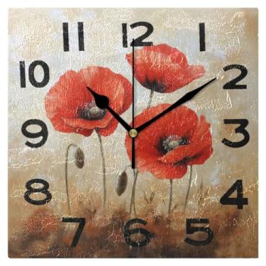 Imagem de Peystean Relógio de parede quadrado de 20 cm, pintura de parede de flor de papoula vermelha, operado por bateria, analógico, silencioso, sem tique-taque, relógio de mesa, ideal para casa, cozinha