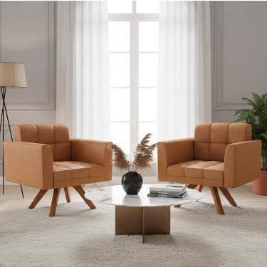 Imagem de Poltrona Sala Decorativa Kit 2 Elisa Giratória Castanho MM30 Sintético PU Whisky D03 - D'Rossi