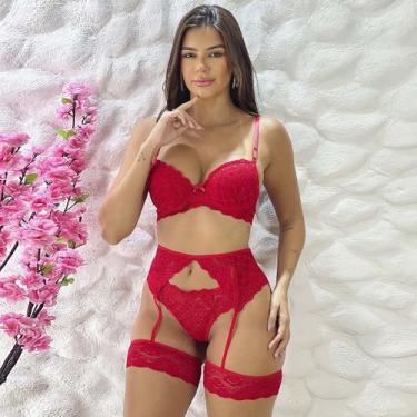 Imagem de Lingerie Com Bojo Sensual Sexy Com Cinta Liga Renda Calcinha fio - LIk