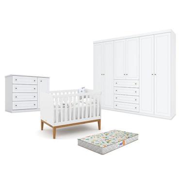 Imagem de Quarto De Bebê Americano 6 Portas Com Berço Americano Unique Branco Soft Eco Wood - Matic - Henn E Colchão Gazin