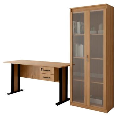 Imagem de Mesa De Escritorio 2 Gavetas Armario Multiuso 2 Portas Amendoa Preto Tecno Mobili