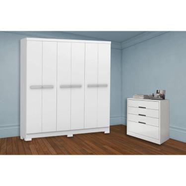 Imagem de Kit Guarda Roupa Casal QC108 6 Portas de Abrir 6 Gavetas MDP-MDF Branco com Cômoda Branco Kappesberg