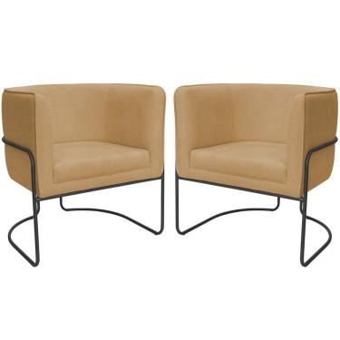 Imagem de Kit 02 Poltronas Decorativas Betina Base Aço Preto Bouclé Camel - Nexta Casa