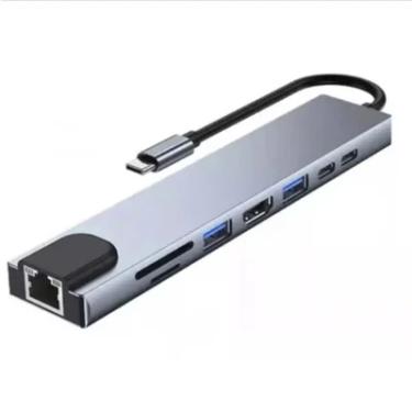 Imagem de Hub Adaptador Usb Tipo C 8 Em 1 HDMI Rede Usb Leitor Cartões